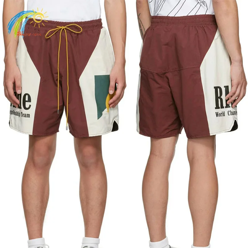 

Red Color Matching Sunset Print Rhude Shorts Men Women Fashion Casual Inside Mesh Moonlight Rhude Drawstring Breeches Splicing