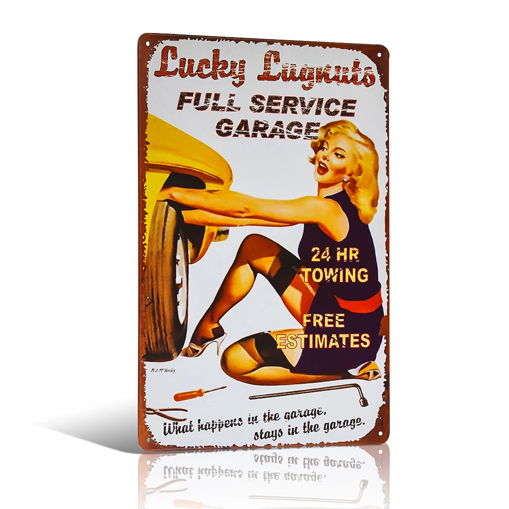 

Lucky Lugnuts Garage Hot Girl Tin Metal Sign FUNNY HUMOROUS Man Cave Bar Room
