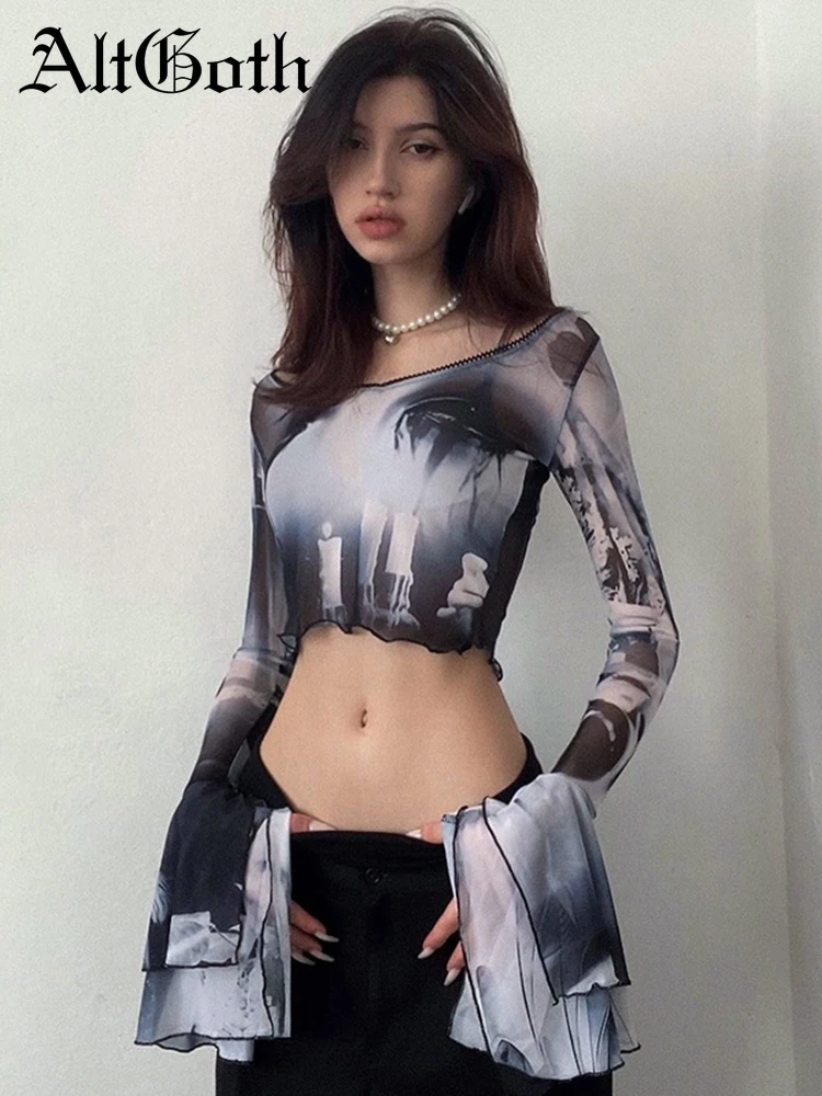

AltGoth Y2k Streetwear T-shirt Women Aesthetic Vintage Grunge Printed Flare Sleeve O-neck Mesh Tee Tops Emo Alt Gothic Clothes