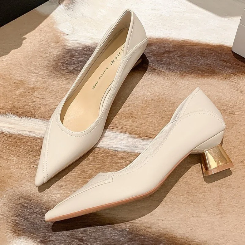 

French Women's 2023 Summer and Autumn New Fashion Pointed Toe Stitching All-match Shallow Mouth Nude Temperament High Heels