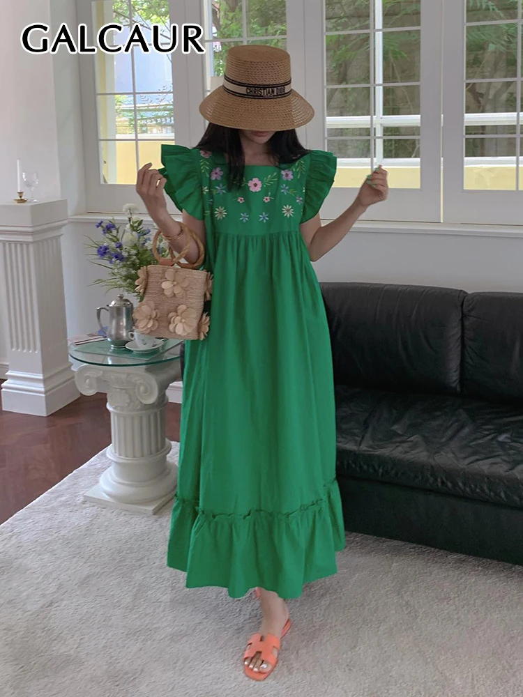 

GALCAUR Embroidery Floral Dresses For Women Square Collar Flying Sleeve High Waist Loose Hit Color Vintage Maxi Dress Female New