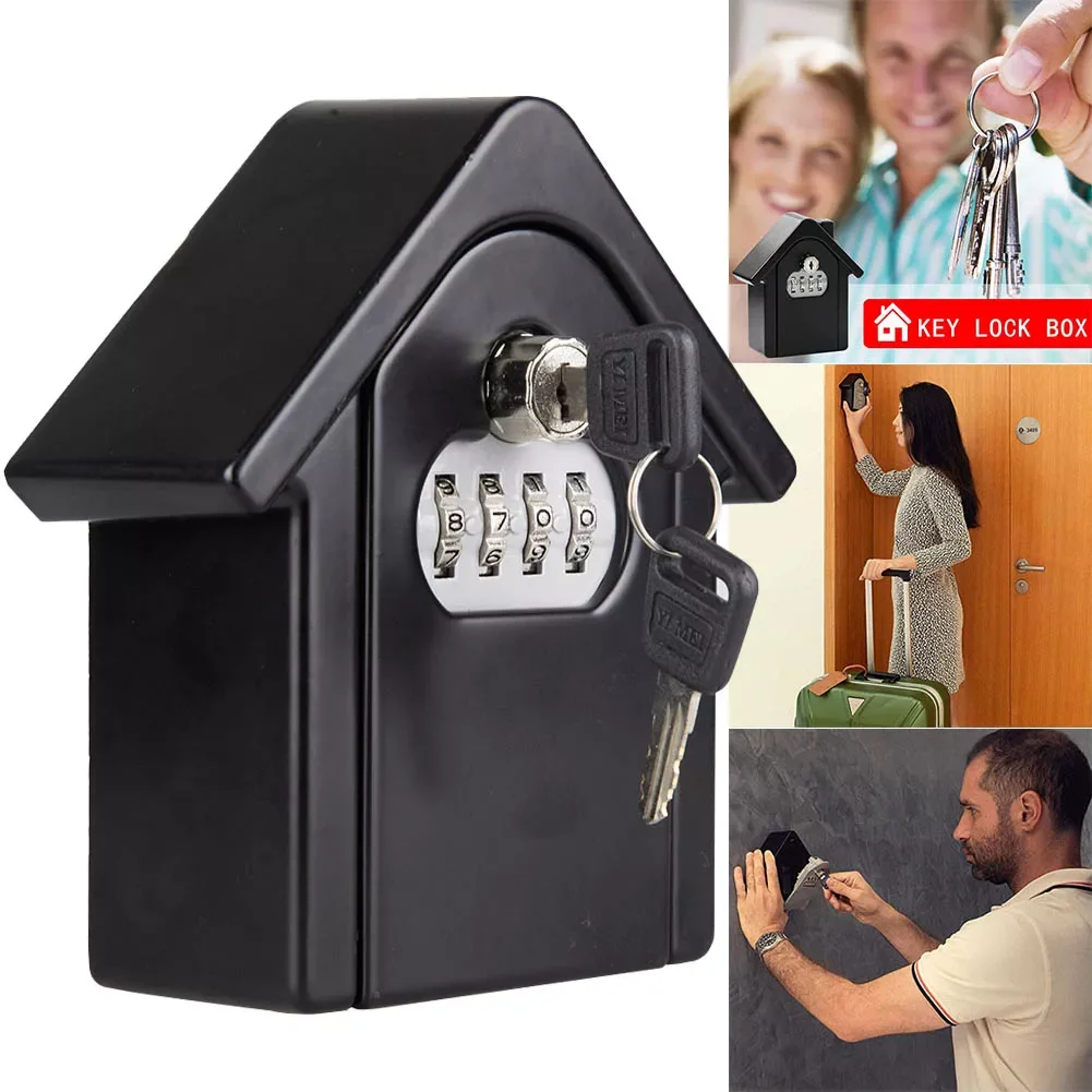 

Настенный Сейф для ключей из алюминиевого сплава, 4-значный комбинированный ящик с паролем и ключом для дома и улицы, замок для хранения ключ...