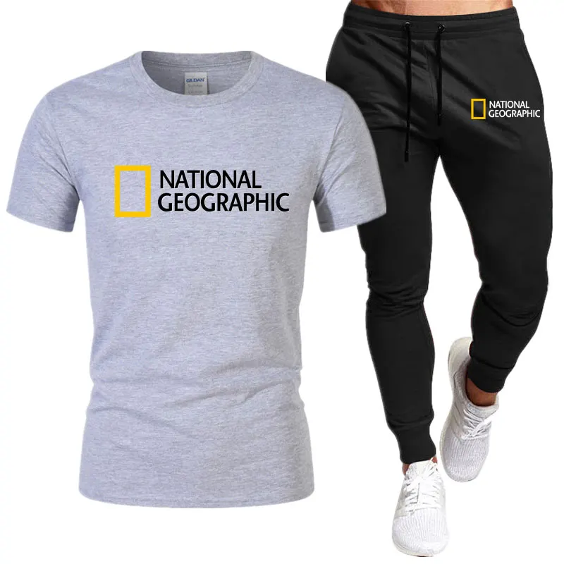 Summer Men's Tracksuit Suit National Map T-Shirt + Trousers 2-Piece Sets Fitness Jogging Sports Pants Sportswear Suit