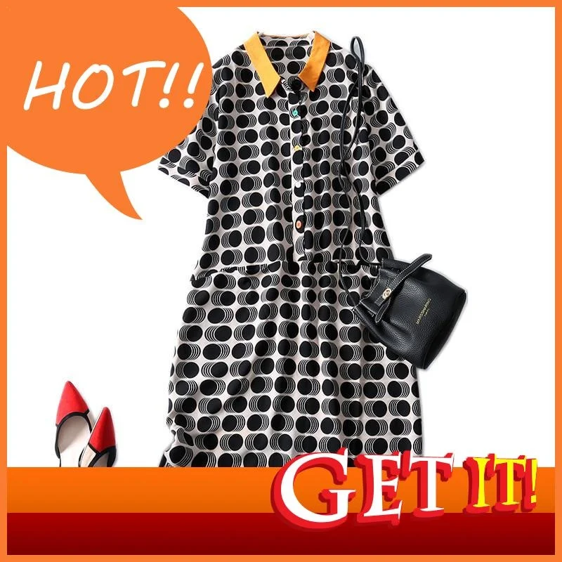 

2023 Summer Women Clother For New Korean Style Fashion Chiffon Polo Collar Pocket Short Sleeve Knee Length Dresses 4XL