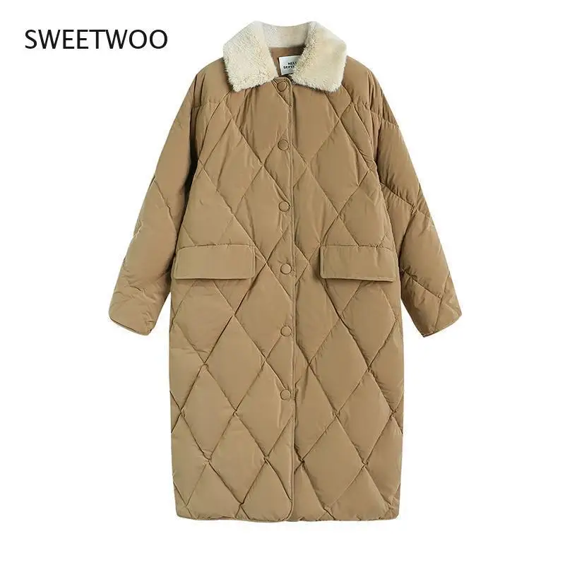 Winter Women Fur Collar Oversize Rhombus Pattern Long Parkas Pocket Female Warm Long Cotton Overcoat Single Breasted Outwears
