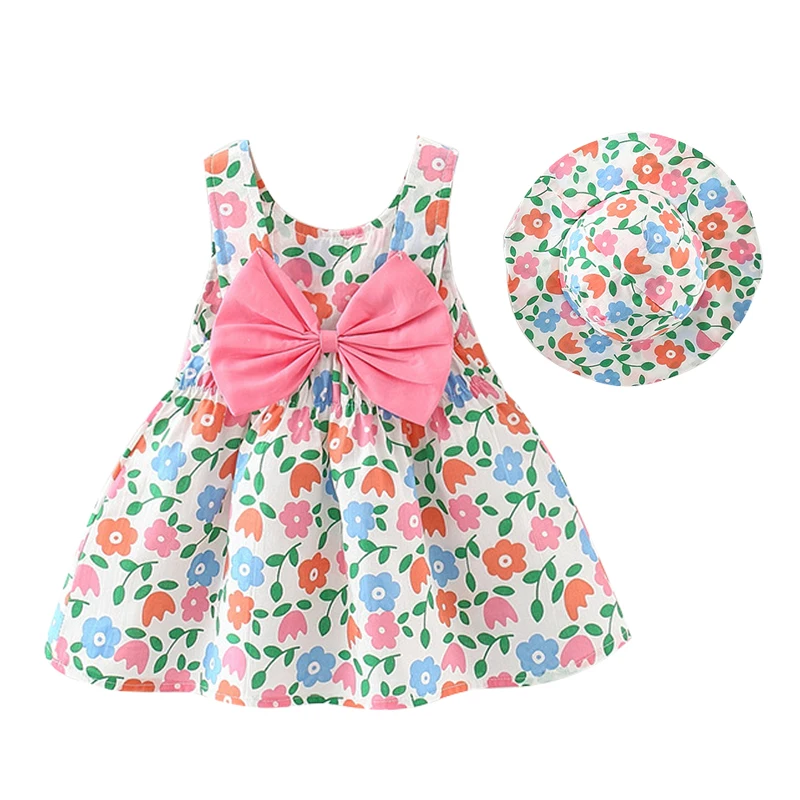 

2Piece Newborn Clothes Set Girls Summer Dresses 2022 Korean Cute Bow Sleeveless Cotton Beach Flowers Baby Dress+Sunhat BC012-1