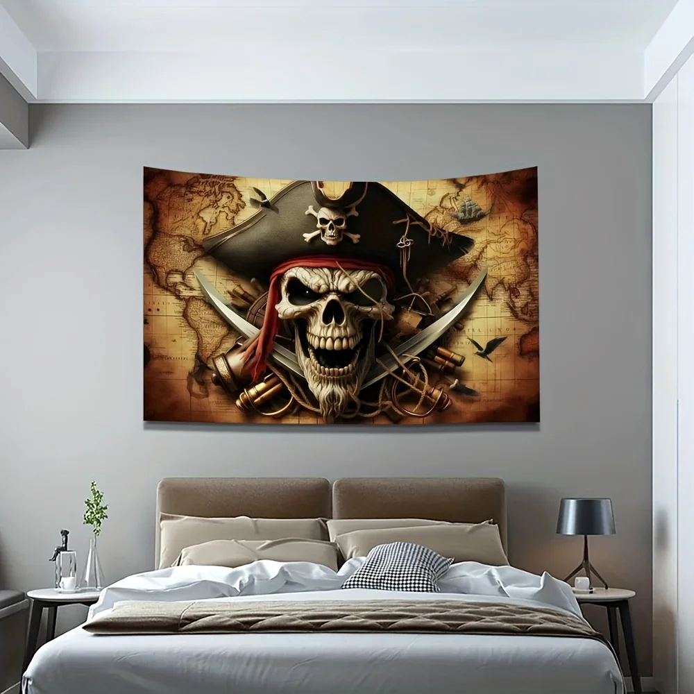 Фото Гобелен-баннер с готическим пиратским черепом, морской декор, винтажный пиратский флаг с скелетом, художественный принт на холсте для мужской комнаты, большой размер, для дома №5