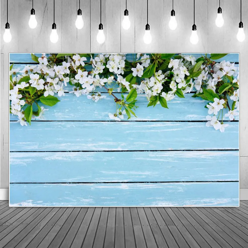 

White Pear Flowers Decoration Blue Plank Photography Backdrop Kids Faded Wood Grain Board Branch Flat Lay Party Photo Background