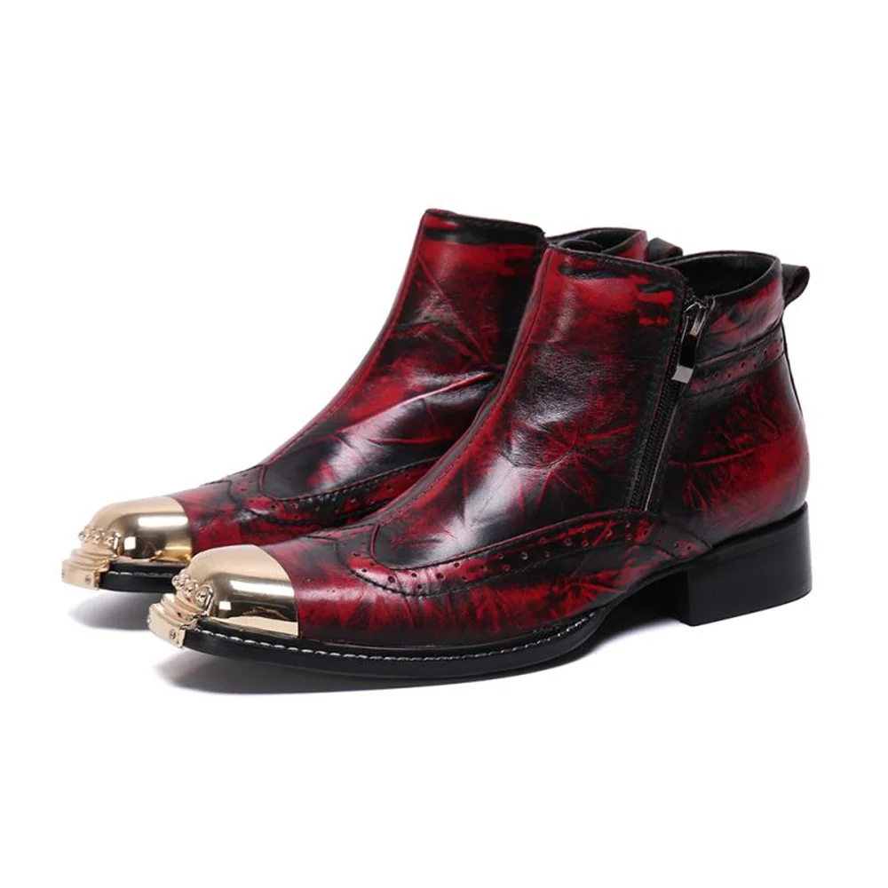 

Red Printing Wit Gold Metal Zipper Genuine Leather High Heels Pointed Toe Boots Male Plus Size Fashion Party Wedding Dress Shoes