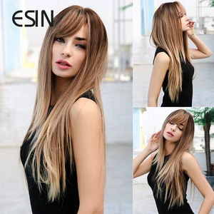 ESIN Synthetic Dark Brown Long Natural Wave Wig with Air Bangs Daily Straight Wigs for Women Heat Resistant Hair