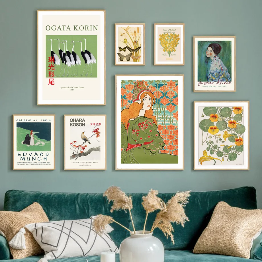 Портрет леди цветок птица журавль ретро абстрактное японское искусство холст