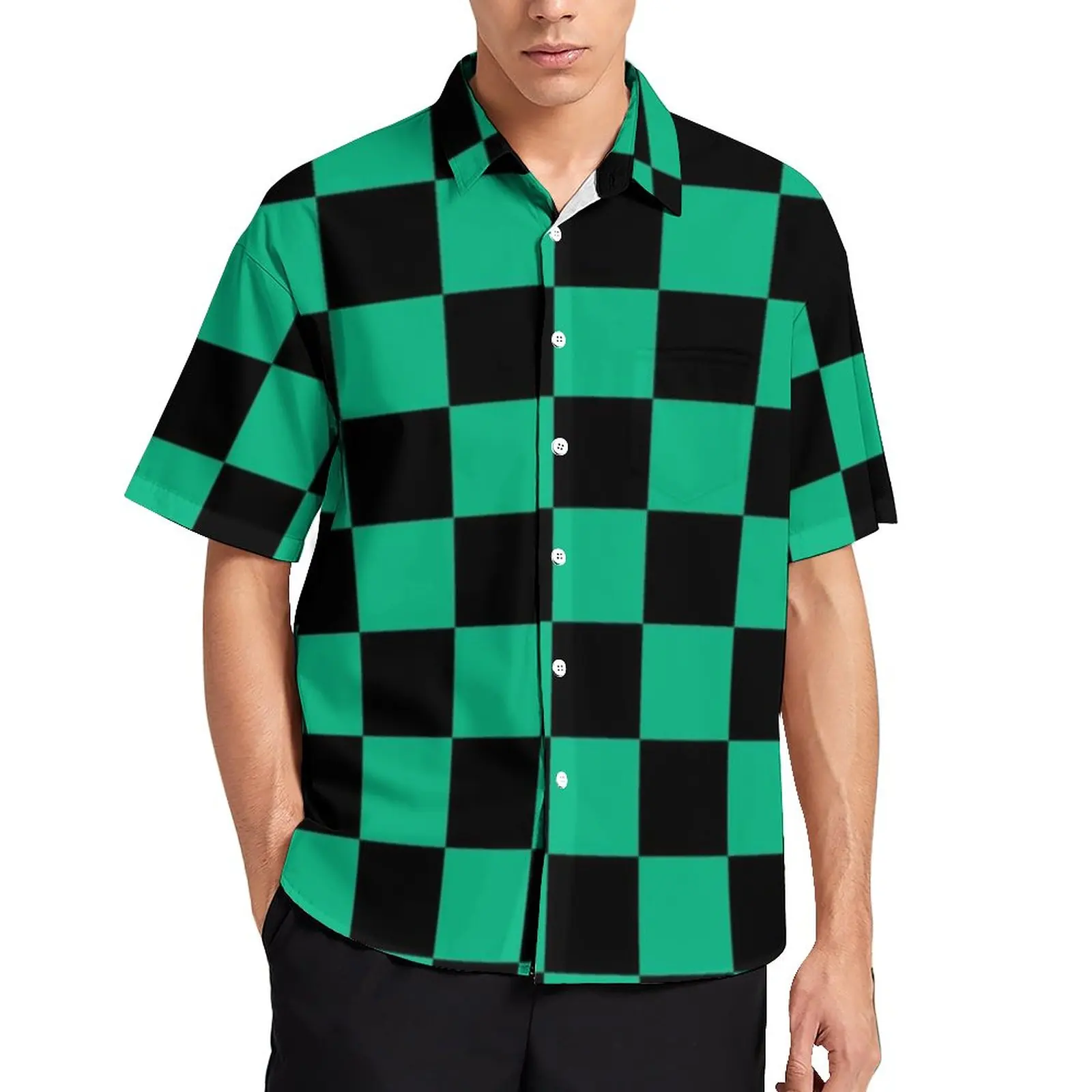 

Green And Black Checkerboard Casual Shirt Male Retro Square Beach Shirt Stylish Blouses Short Sleeve Oversized