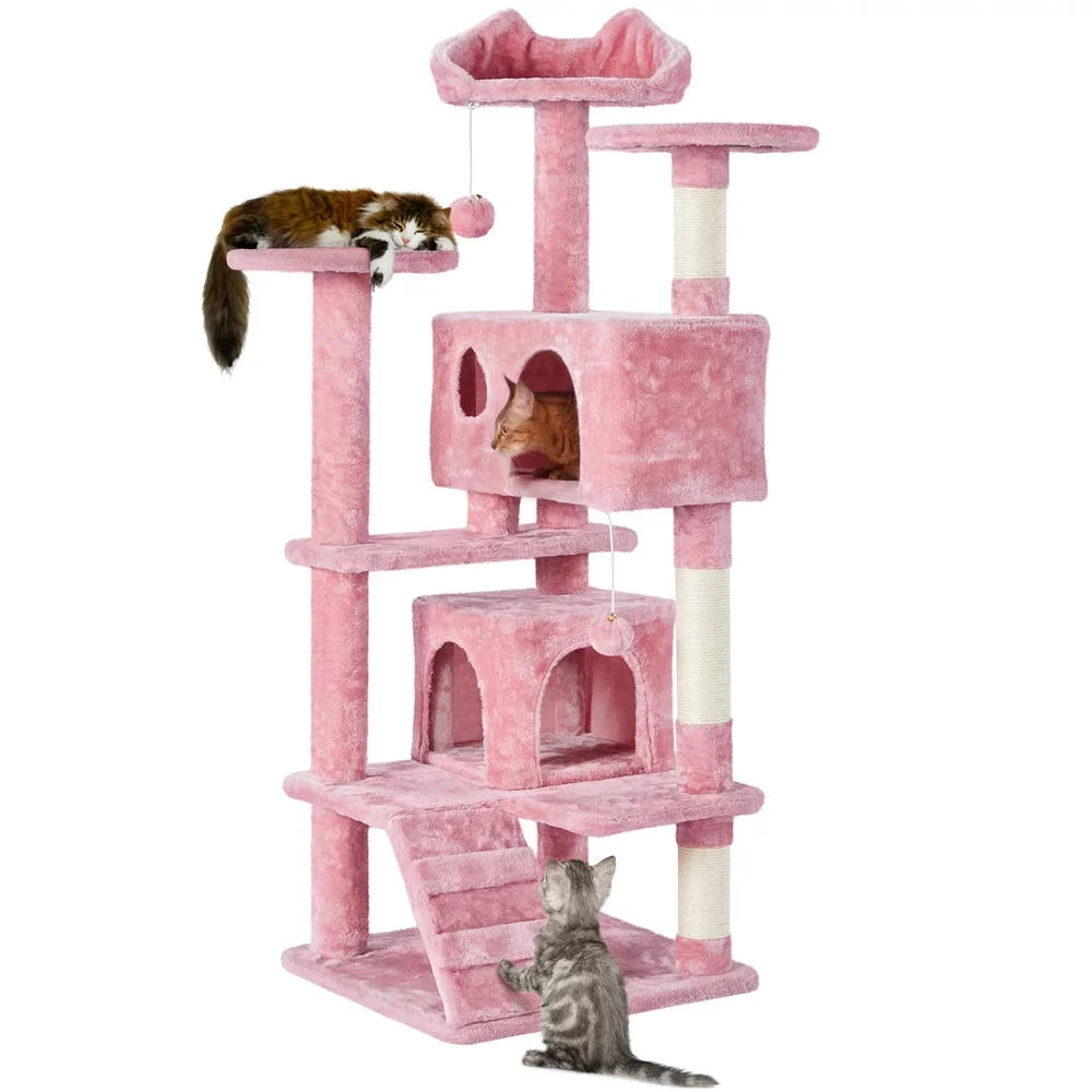 

54.5" Double Condo Cat Tree with Scratching Post Tower, Pink, Cat Supplies, Cat Toys, So That Cats Can Play Happily At Home