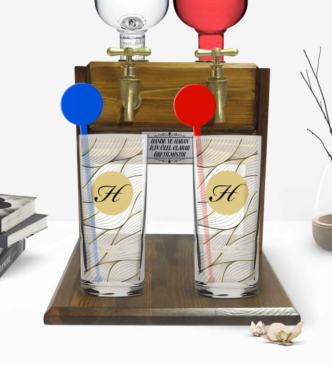 

Personalized Colorful Printed Head Letter Name Design Dual Vodka Cup and Double Tap Natural Wood Vodka Standı-3