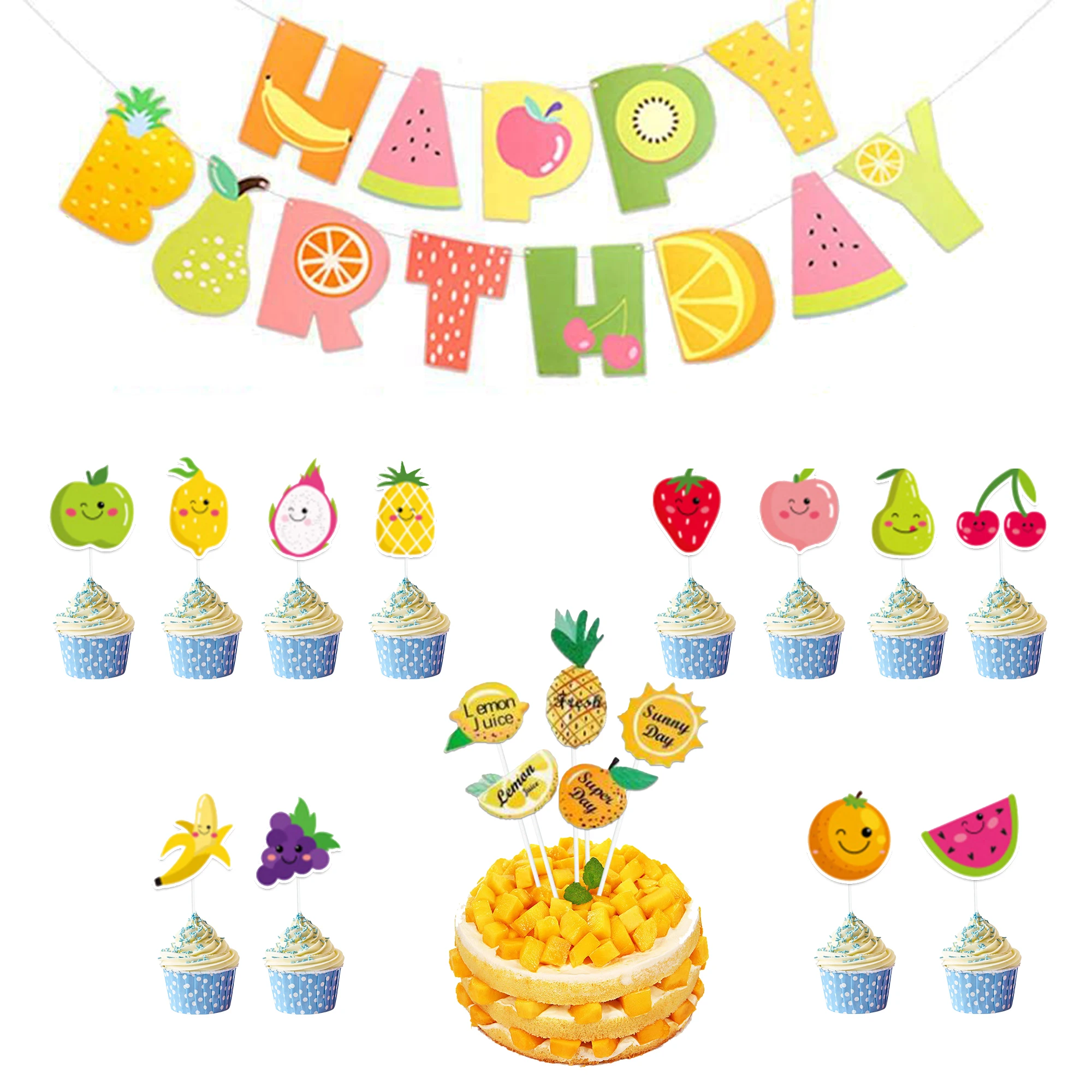 

Sursurprise Cartoon Fruit Themed Birthday Decorations Happy Birthday Banner Fruit Cupcake Topper for Girls Birthday Party Decor