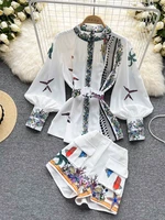 runway two piece summer short sets womens stand collar lantern sleeve starfish print shirts and pockets belt shorts suit n3991