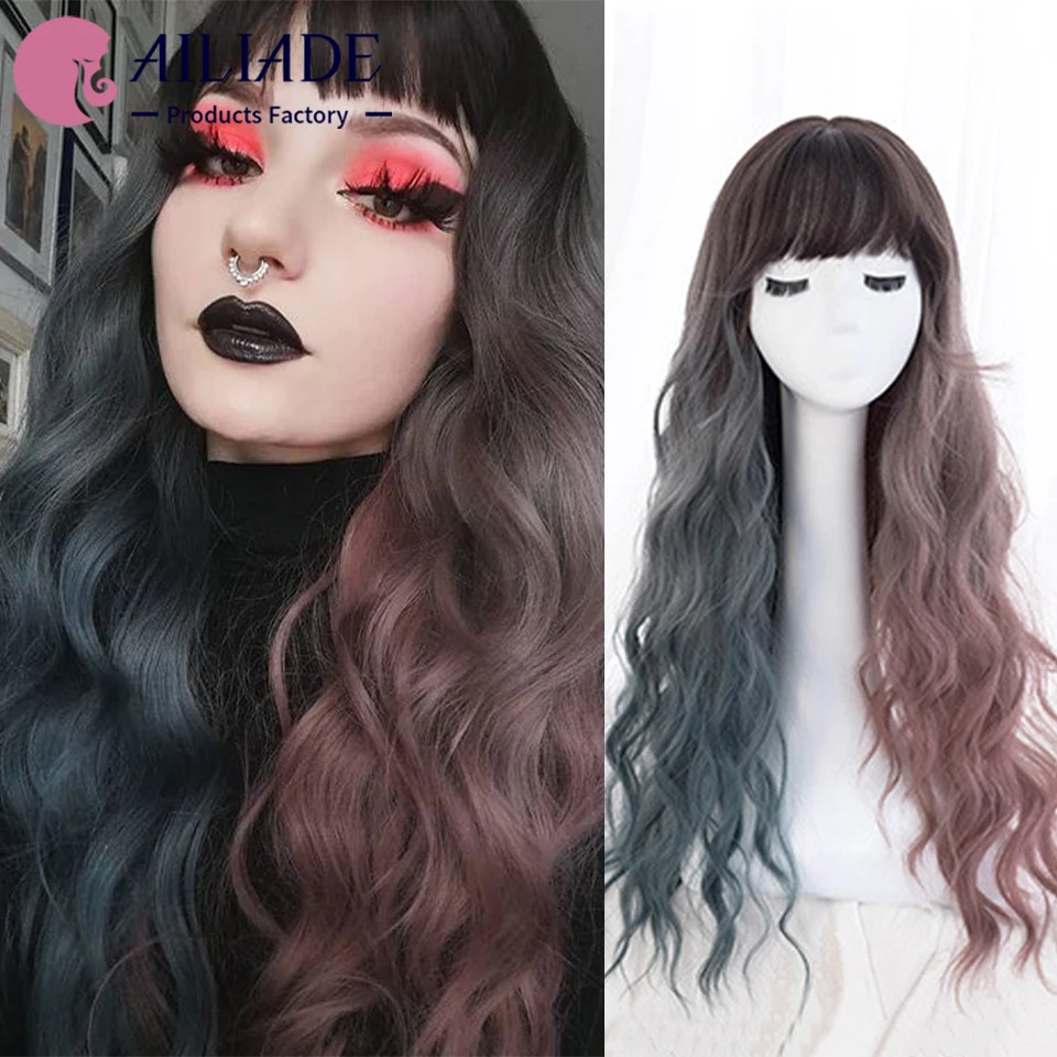

AILIADE Synthetic Long Wavy Wigs for Women Girls Ombre Blue Lolita Wig with Bangs Heat Resistant Cosplay Party Daily False Hair