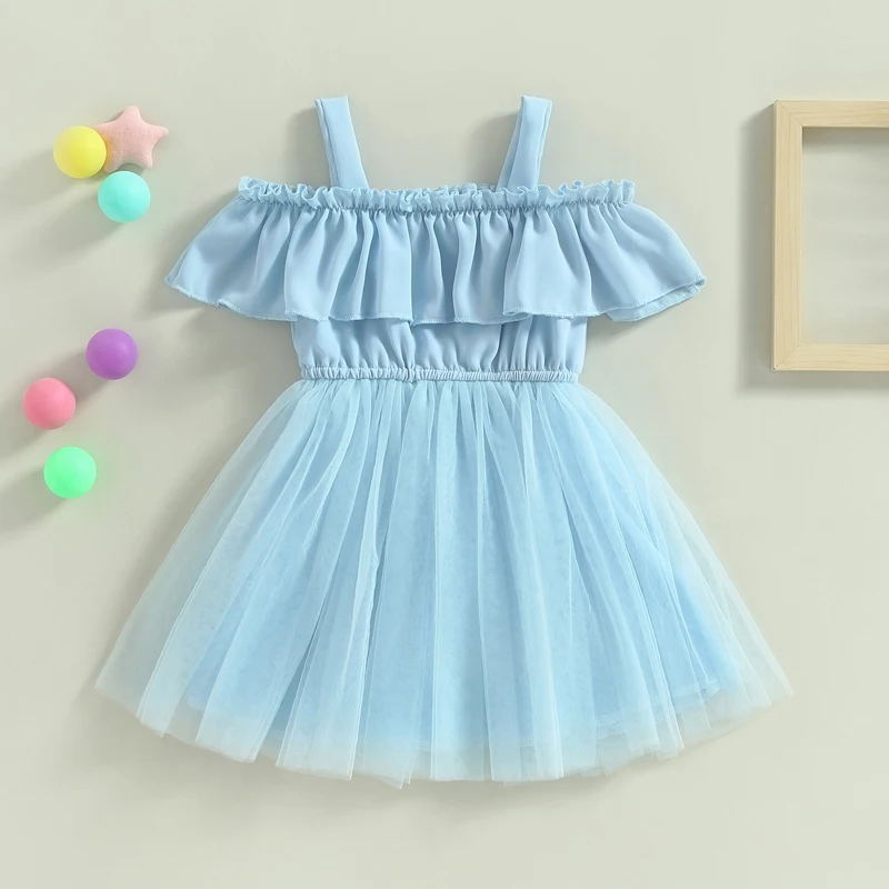 

Listenwind 6M-4Y Toddler Baby Girl Summer Casual Dress, Blue Color Off Shoulder Ruffle Strap Tulle Indoor Outdoor Dress