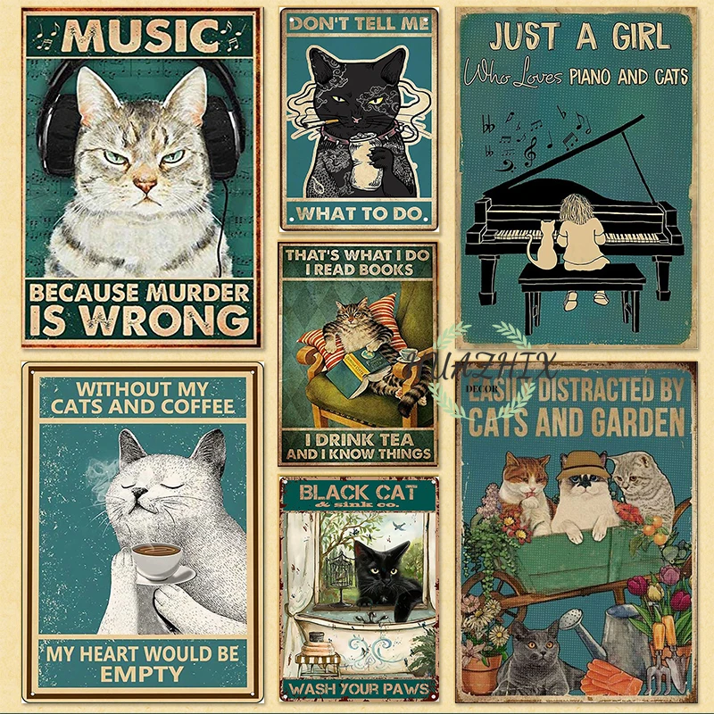 

Framed Kraft Paper Sign Cat and Music Tattoo Drink Napkin Read Wash Paw Bake Yoga Vintage Tin Plate Wall Art Poster for Home