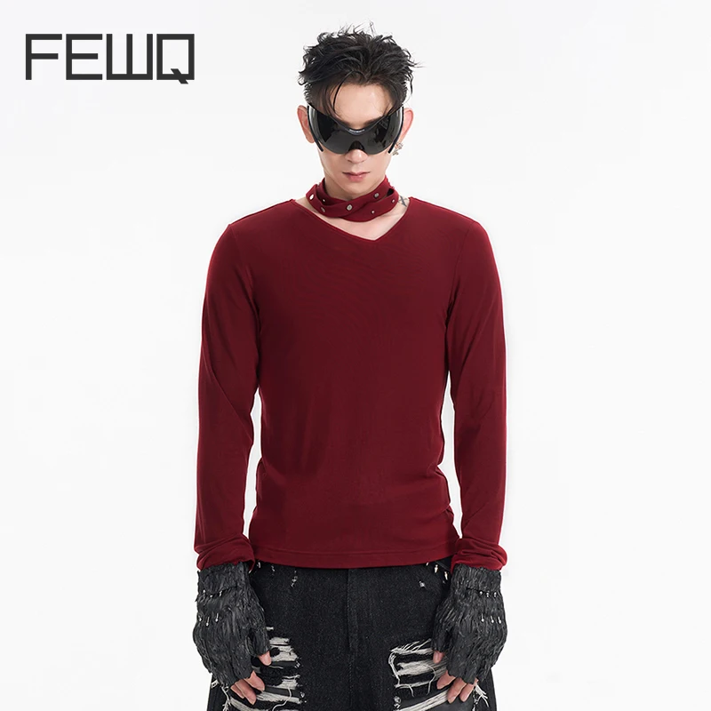 FEWQ мужские футболки с v-образным вырезом однотонные тонкие флисовые длинными
