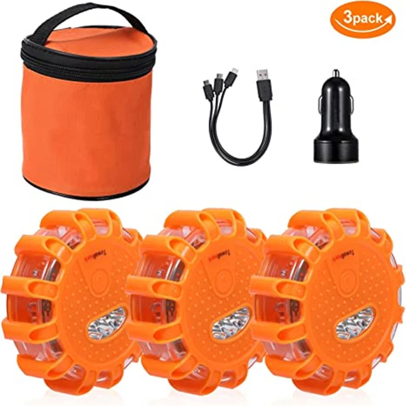 

3 Pack flasher police Rechargeable LED Road Flares Emergency Lights Roadside Safety Beacon Disc Flashing Warning for Car Truck
