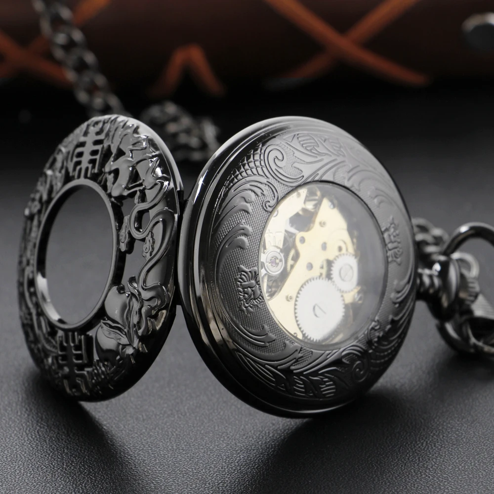 New Black Text Sculpture Mechanical Pocket Watch with Fob Chain Roman Digital Dial Fashion Pocket Watch Men's and Women's Gift