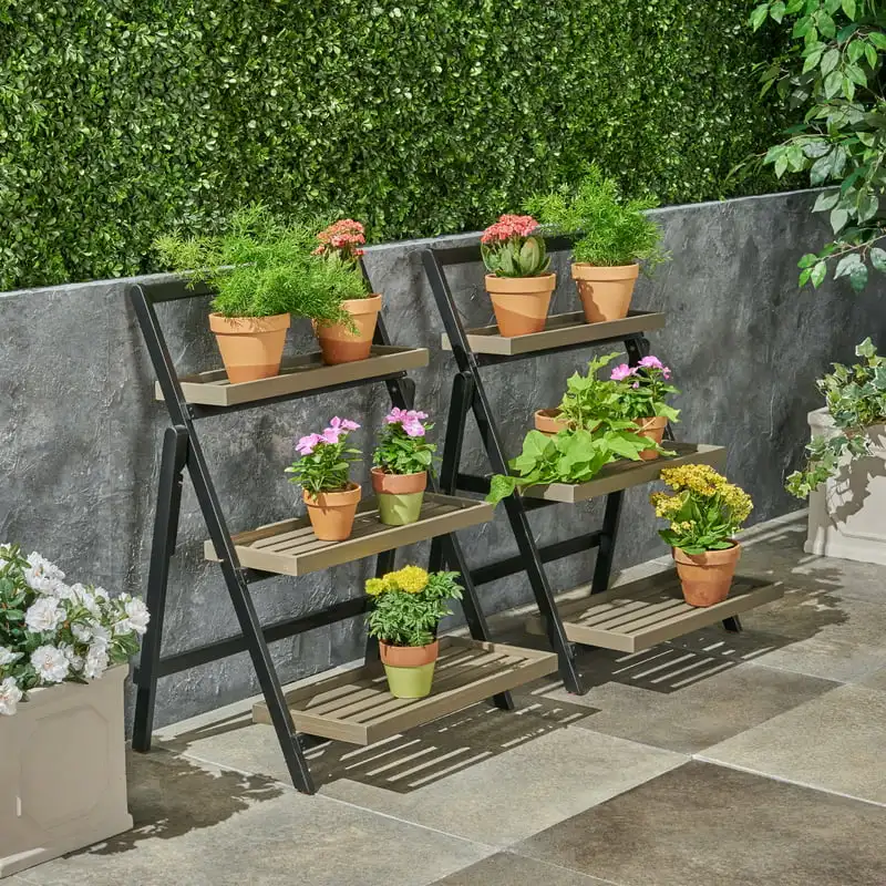 

Ulises Outdoor Acacia Wood Planter Stand, Set of 2, Black, Gray Holder Shelf Indoor Outdoor Planter Display Shelving