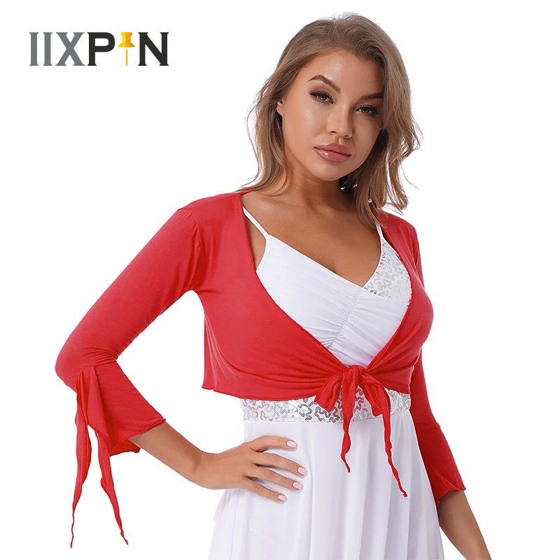 

Womens Dance Tops Belly Dancing Costume V Neck 3/4 Sleeve Lace-up Dance Crop Top Yoga Costume Stage Performance Dancewear