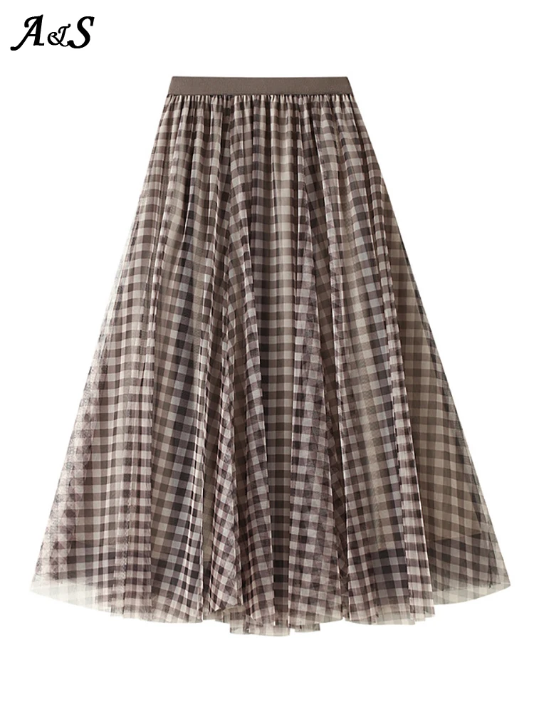 Женская юбка с геометрическим принтом, длинная юбка средней длины из тюля в клетку, модель Y2K в Корейском стиле, 2022