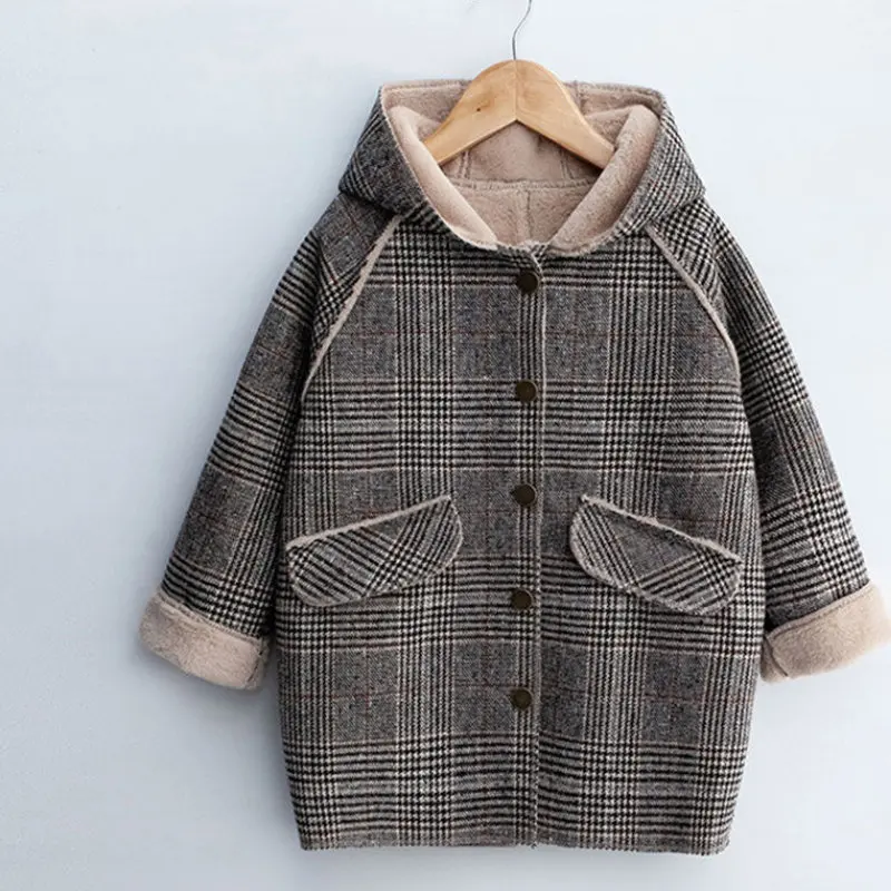 

Зимняя детская верхняя одежда для девочек, клетчатая утепленная шерстяная куртка, пальто, наряды для подростков, шерстяная длинная верхняя ...