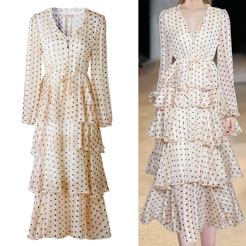 

2022 летнее винтажное Женское Платье макси с рюшами, с длинным рукавом, платье-торт, с принтом в горошек, сексуальное Макси-туника, Пляжное пла...