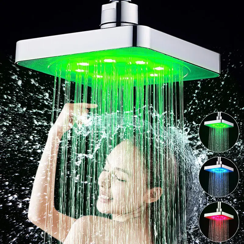 

360° Adjustable 6 Inch LED Light Square Rain Shower Head Stainless Steel 3 Color Changing Temperature Control Bathroom Showerhea