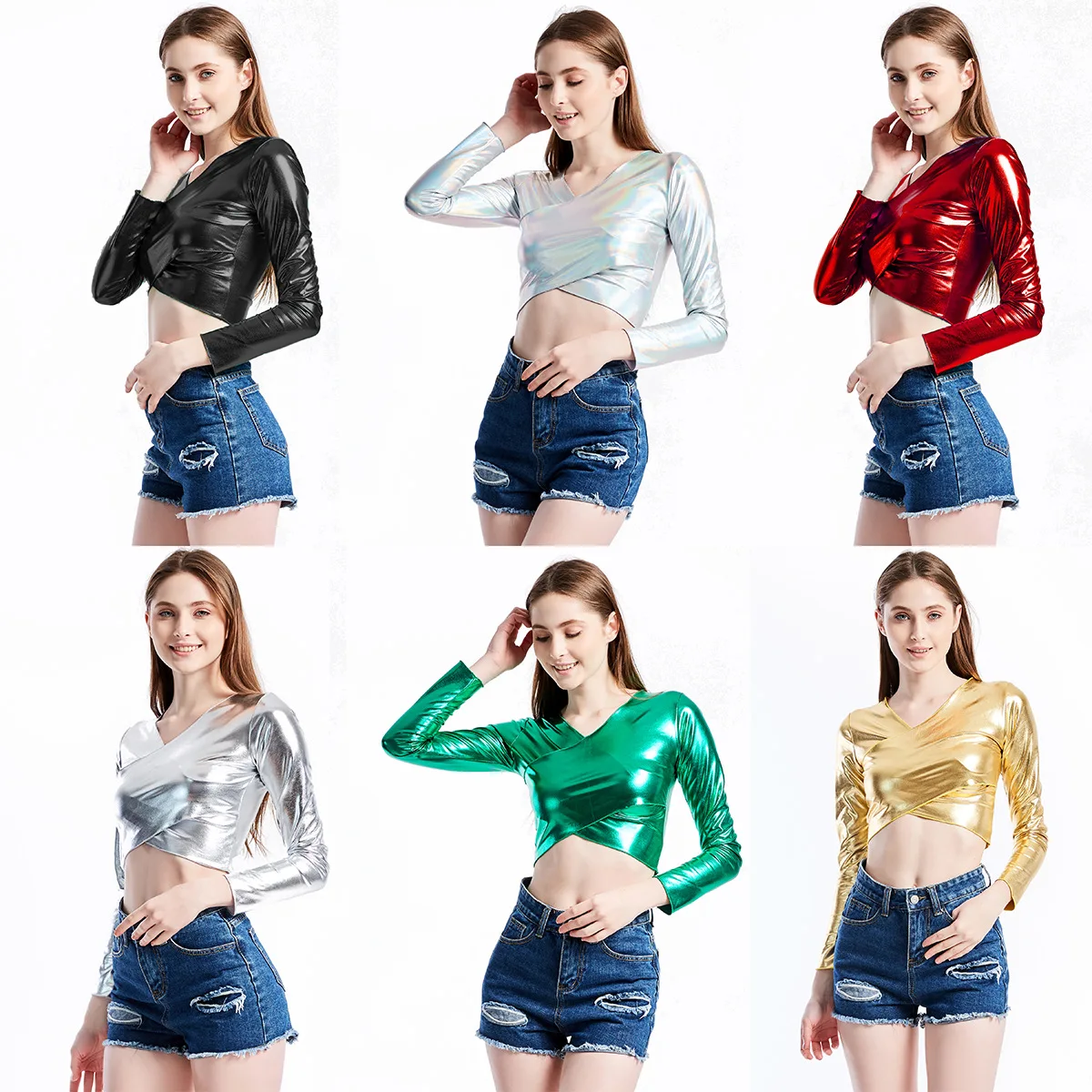 

women V-neck long sleeve crop top t-shirt shiny metallic pu leather shirt Tee Slim Club Short T-shirt performance suit