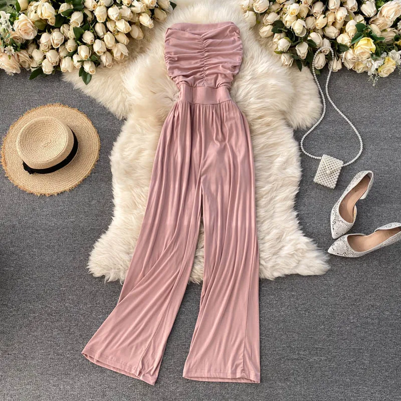 

Vacation Wind Sexy Bustier Europe and the United States Design Sense of Heart Pleat Slim Long Jumpsuit