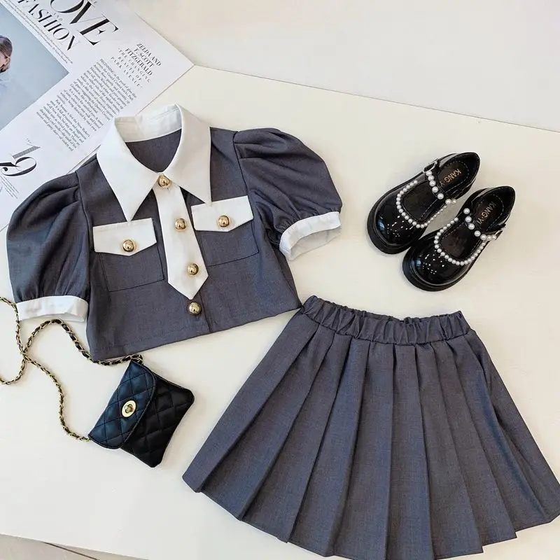 

Retail New Baby Girls Summer Dress Sets Top + Pleats Skirts Princess Formal Suits 2-10 Years