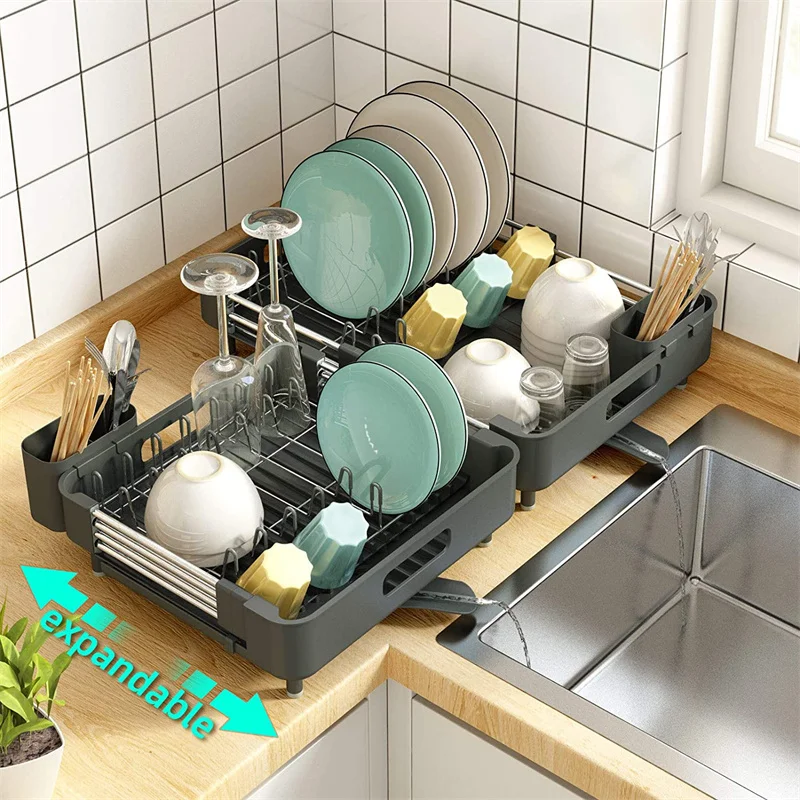 Stainless Steel Dish Drying Rack Adjustable Kitchen Plates Organizer with Drainboard over Sink Countertop Cutlery Storage Holder