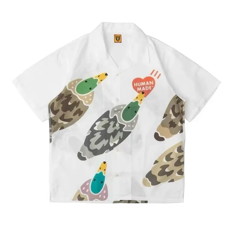 

HUMAN MADE Men And Women Thin Style Silk Quality Flying Duck Letter Printing Leisure Single Breasted Lapel Shirt