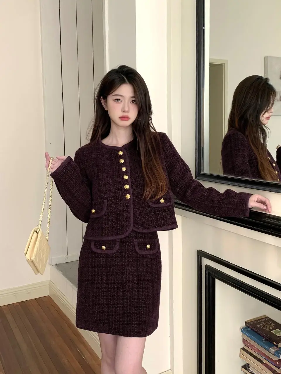 Женский твидовый костюм из двух предметов куртка на пуговицах и юбка элегантный