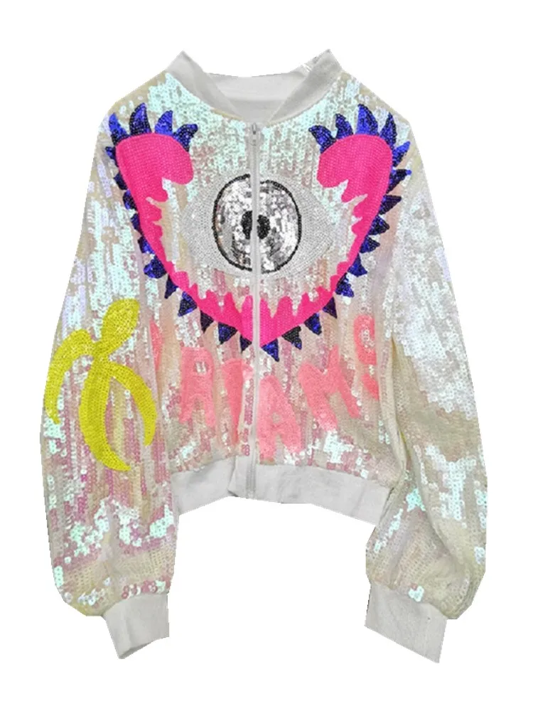 CHIC Ins Harajuku Punk Cool Women Cartoon Eye Bling Sequined Jacket Hip Hop Girls Colorful Baseball Bomber Zipper Top Outerwear