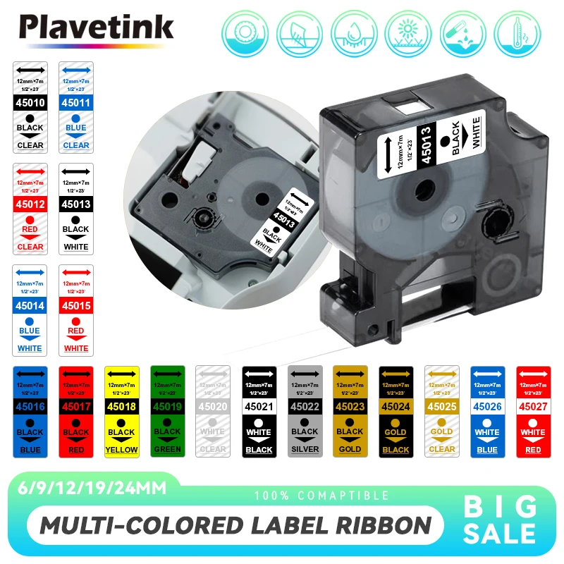 

1PK PLAVETINK Compatible for dymo D1 tapes 45010 45013 40910 40913 43613 43610 ribbon cassette for Dymo label manager LM160 210D