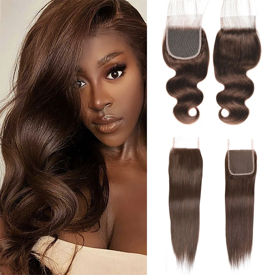 

Color 4 Light Brown Brazilian Body Wave Lace Closure 6x6 5x5 4x4 Transparent Lace Preplucked Straight Remy Hair Top Closure Only