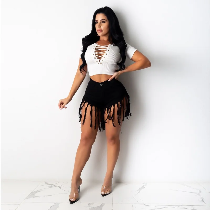 Hight Waist Skinny Slim Plus Size Jeans Women Tassel Tie Dye Denim Shorts Female Casual Shorts with Buttons Summer Streetwears