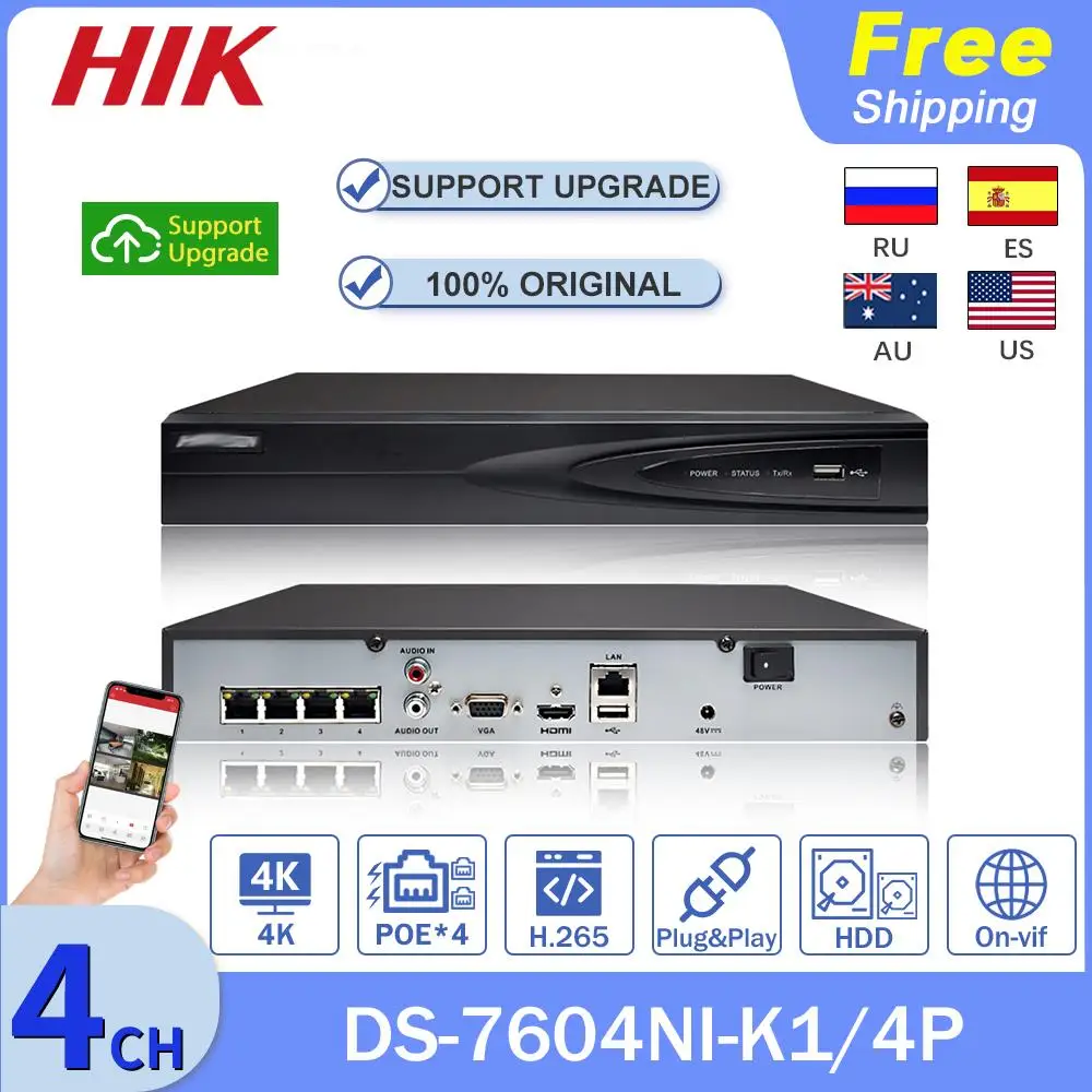 

Оригинальный Сетевой видеорегистратор HIK, 4 канала, 4K, 8 Мп, Фотокамера, 4P, 4POE, 1SATA, H.265, сетевой видеорегистратор, система видеонаблюдения P2P