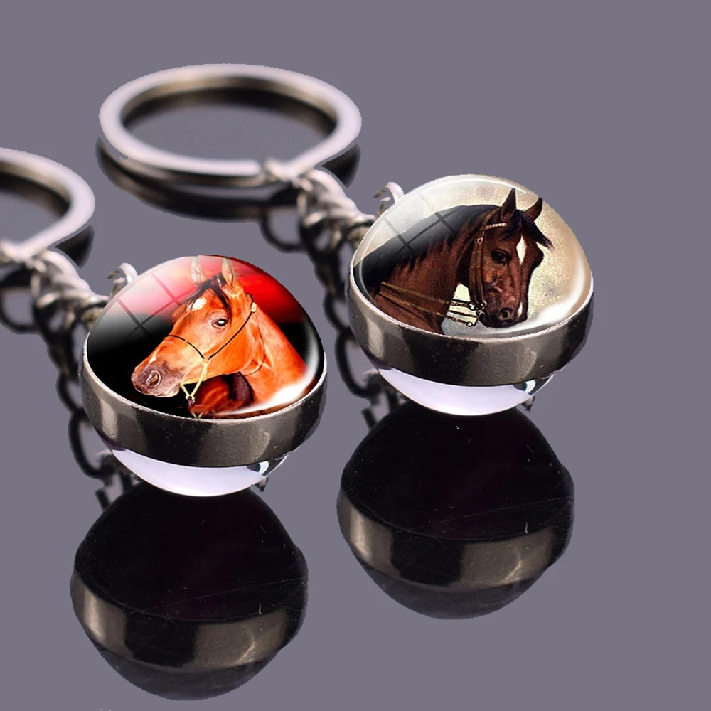 

Horse Key Chains White Brown Black Horse Animals Double Side Glass Ball Gallop Pendant Keyring Galloping Keychain Charms