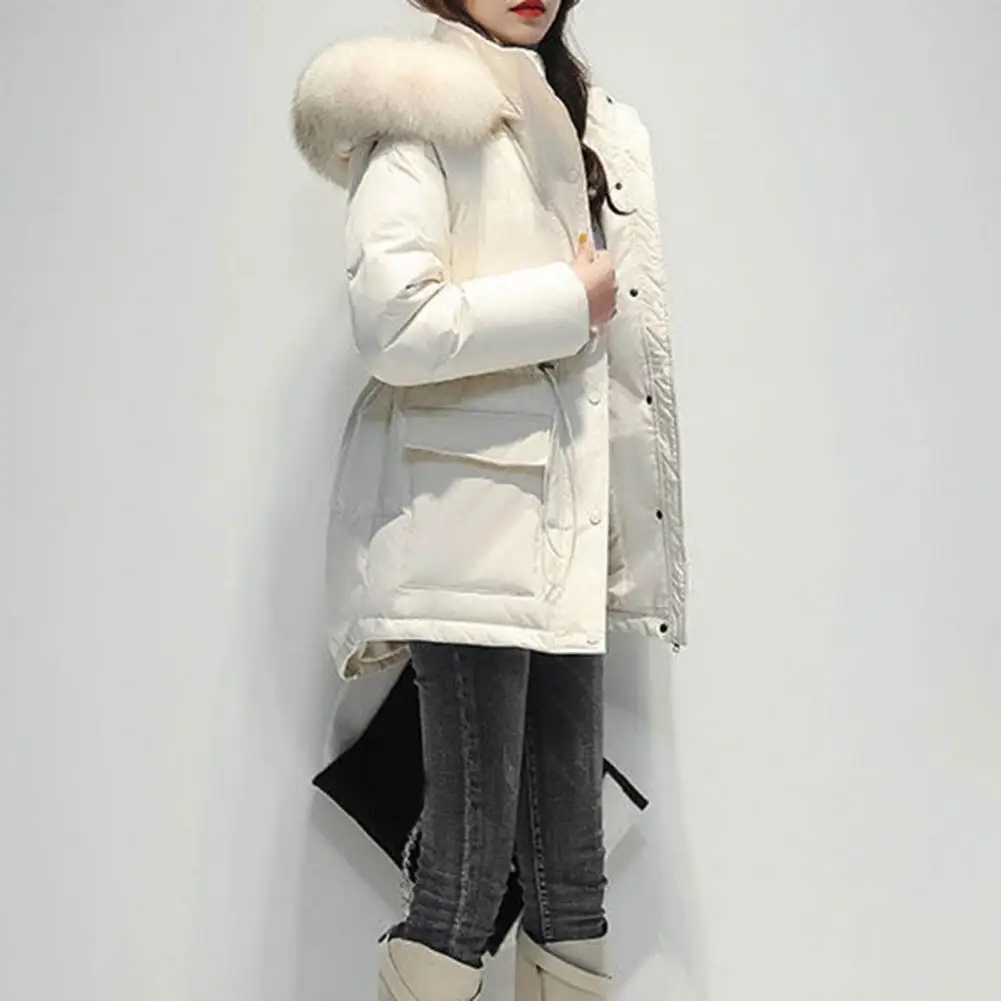 Winter Cotton Coat Padded Plush Furry Hat Hooded Long Style Cold-proof Solid Color Long Sleeves Lady Winter Coat for Outdoor