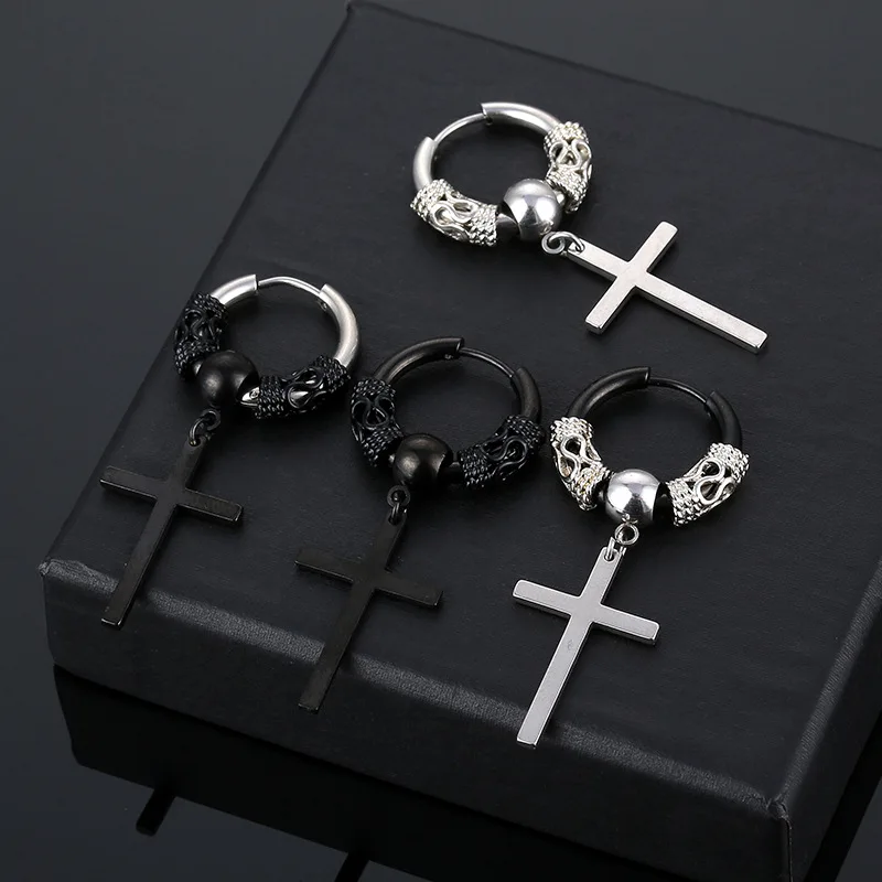 

New Men's Retro Fashion Tibetan Dragon Pattern Titanium Steel Earrings Cross Pendant Earrings Black Steel Pierced Earrings