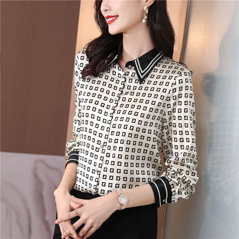 

2022 spring autumn long sleeve commuter women clothing acetate satin polo-neck office lady Korean fashion casual shirts