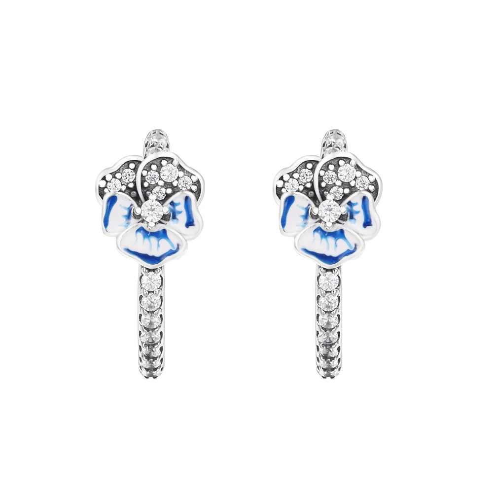 

CKK Silver 925 Jewelry Blue Pansy Flower Hoop Earrings For Women Gift Sterling Original Item