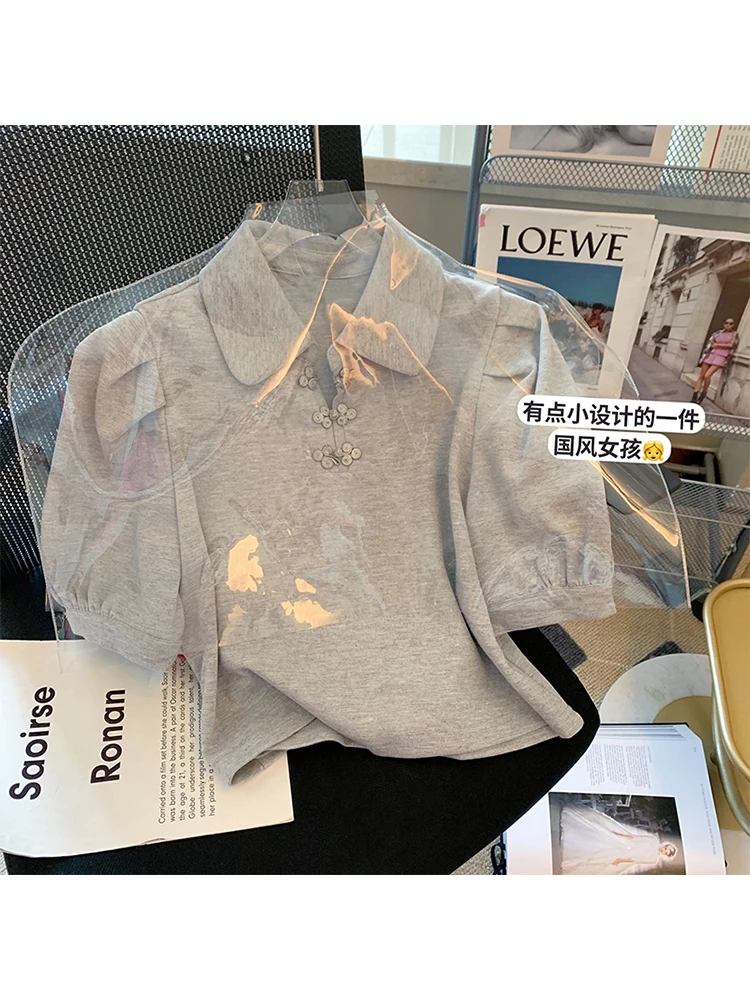 

New Design FashionT-Shirts Women Summer Turn-down Collar Grey Crop Top Short Sleeve Slim Casual Harajuku American Retro Tees