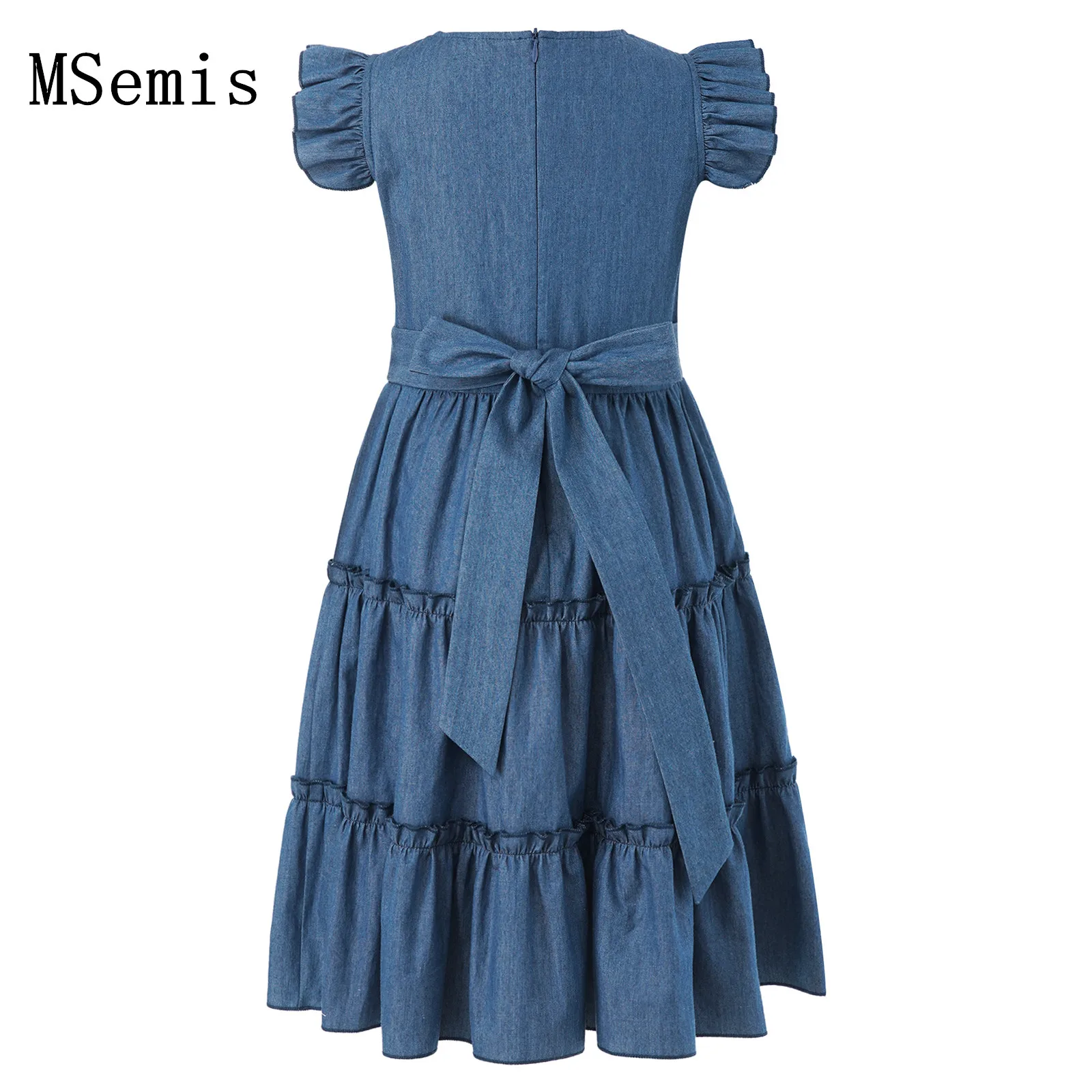 

Kid Girls Stylish Denim Dress Fly Sleeve Round Neck Ruffle Tiered Skirt Casual A-Line Dress for School Vacation